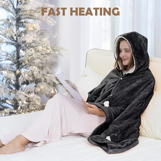 Wearable Heated Blanket, 40"x70" Eletric Throw with 6 Heating Levels and 12 Hours Timer, Heated Wrap Poncho Shawl & Hoodies with Pockets, Machine Washable with ETL Certification, Gray