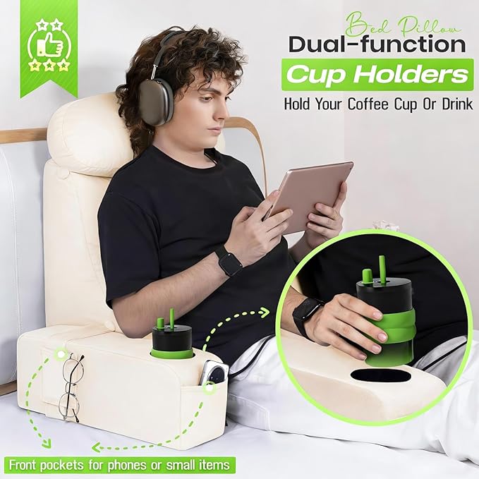 AS AWESLING Reading Pillow for Adults, Back Pillow for Bed Sitting Up, Backrest Pillow for Sitting in Bed, Detachable Arms with Built-in Cup & Phone Caddy (Beige, 21 INCH)