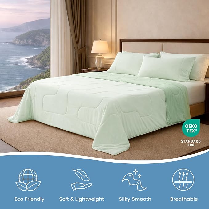 Cozy Bliss x Sorona® Viscose Natural Fiber Cooling Comforter Queen Size, Reversible Silky Smooth Cooling Blanket with Q-Max＞0.45 for Hot Sleepers & Night Sweats, Mint Green, 90"x90"