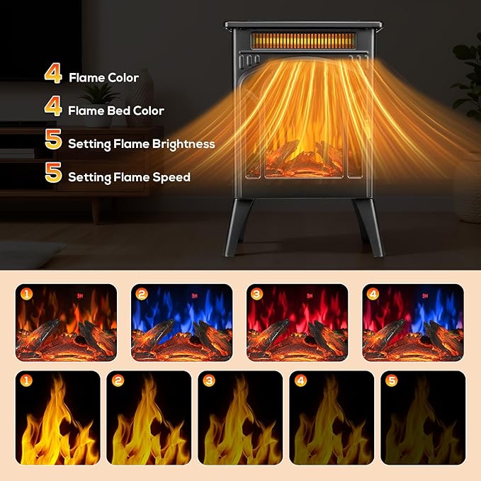 ZAFRO 24" Freestanding Electric Fireplace Stove with Remote, Adjustable Flame Color and Brightness, Fireplace Heater with Thermostat/Timer/Dimmer/Overheat Protection for Bedroom, Living Room(Black)