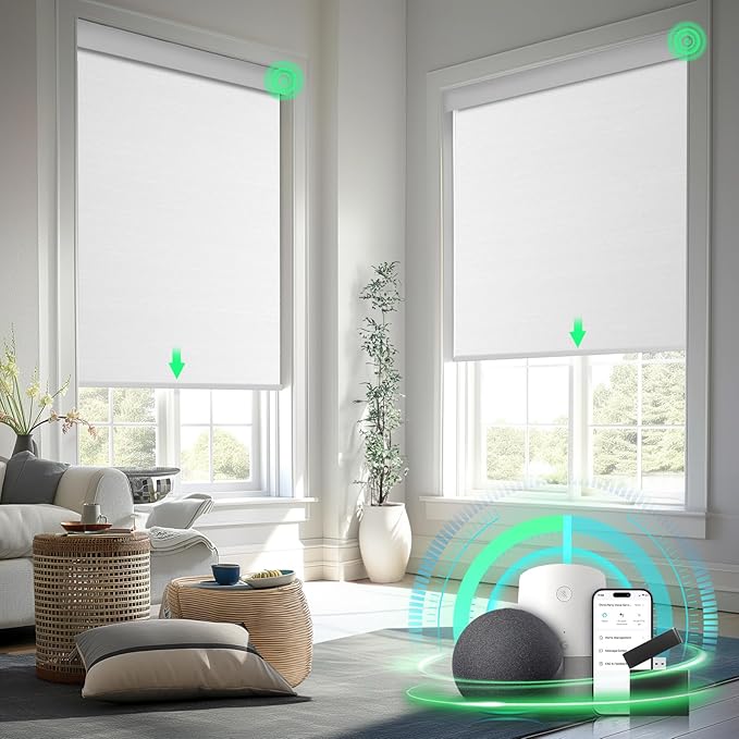 Smart Motorized Blinds with Remote Control, Blackout Roller Shades, Custom Smart Blinds with Valance, Cordless Electric Window Blinds & Automatic Shades(White,33" Wx72 H)