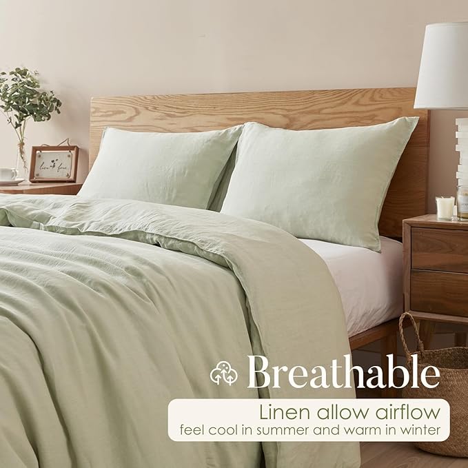 DAPU 100% Linen Duvet Cover Set - Pure Natural French Flax Linen with Corner Ties and Zipper Closure Soft Breathable Durable for Hot Sleepers 1 Duvet Cover 2 Pillowcases (Sage Green, King)