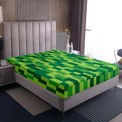 Pixel Grid Kids Full Size Fitted Sheet,Video Games Plaid Lattice Boys Girls Bed Sheets,Geometric Check Abstract Room Decor,Green Bedding Set,2 Pillowcases(No Flat)