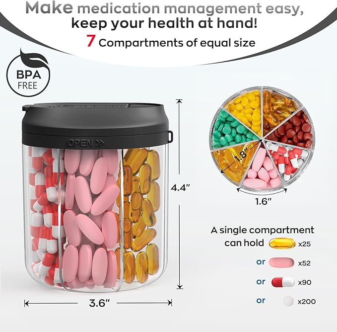 Pill Dispenser with 7 Large Compartments, 4.4" H x 3.6" Dia Pill Organizer for Travel, Supplement Organizer with Anti-Mixing Design, BPA-Free Pill Container with 20 Pcs Labels, Black 2 Pcs