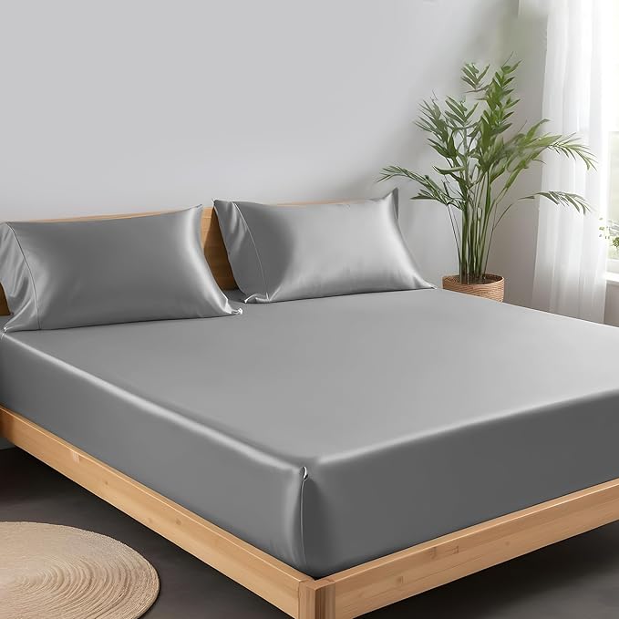 LINENWALAS Fitted Sheet Only Viscose Derived from Bamboo, Bottom Sheet for Queen Size Bed – 16” Deep Pocket, All Around Snug Fit – Cooling, Breathable, Soft, Hypoallergenic (Light Grey, Queen)