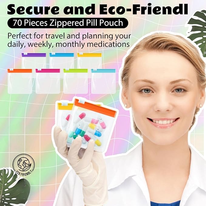 70 Pcs Weekly Pill Pouch Bags Zippered Reusable Medicine Organizer Set Self Sealing Medicine Organizer Travel Plastic Pill Bags with Slide Lock for Small Items Storage(Bright Style)