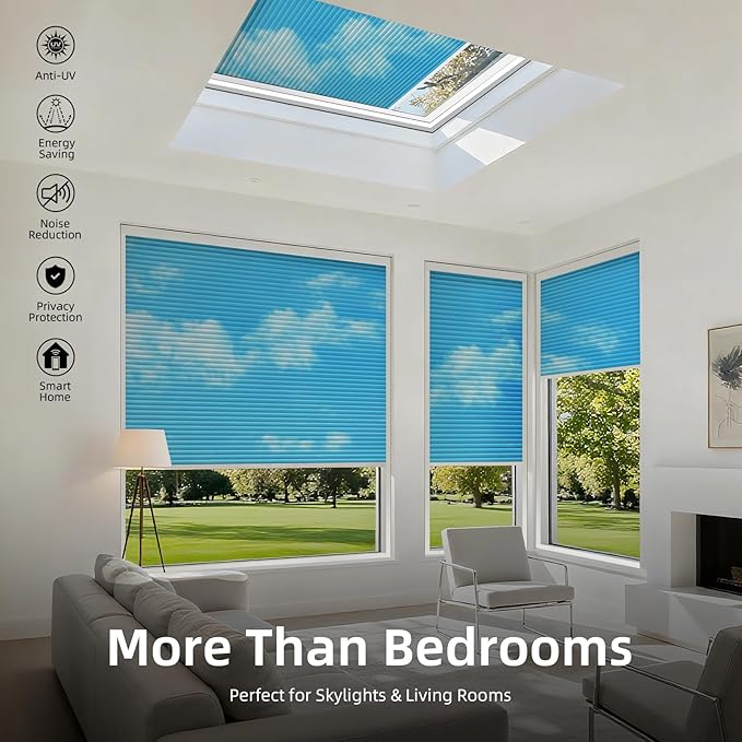 ZSTARR Motorized Skylight Shades Blackout Cellular Honeycomb Electric Blinds with Solar Panel Cordless Rechargeable with Remote for Roof and Slanted Windows Custom Size (Black Out Blue Sky)