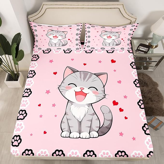 Lovely Cat Fitted Bottom Sheet Twin Size,Pink Black Cat Paw Footprint Sheet Set Soft Polyester Bedding,Cute Animals Pink Print Bed Cover(1 Fitted Sheet+1 Pillow Case)