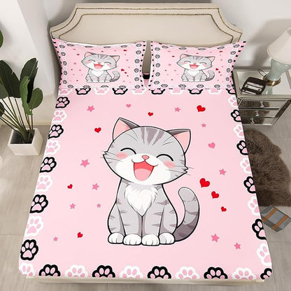 Lovely Cat Fitted Bottom Sheet Queen Size,Pink Black Cat Paw Footprint Sheet Set Soft Polyester Bedding,Cute Animals Pink Print Bed Cover(1 Fitted Sheet+2 Pillow Cases)