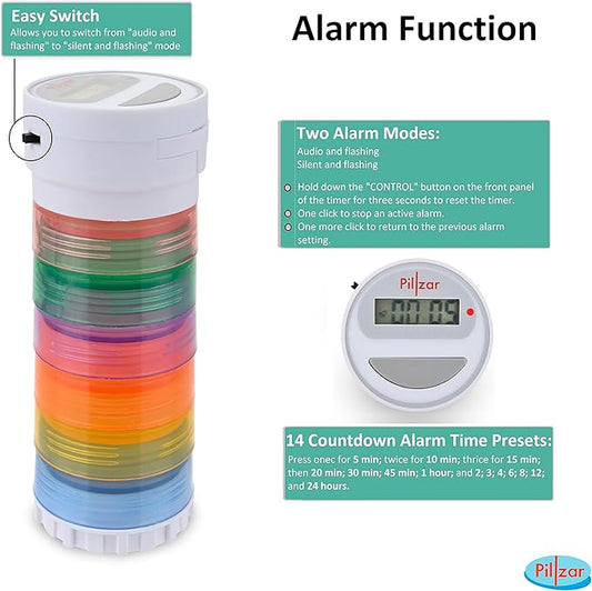 Portable Stackable Pill Organizer and Timer Cap with 14 Countdown Alarm presets. Comes with 1 Timer, 6 Small Stackable Containers, 1 Large Container, and 2 Magnetic Adapters. Travel Friendly.