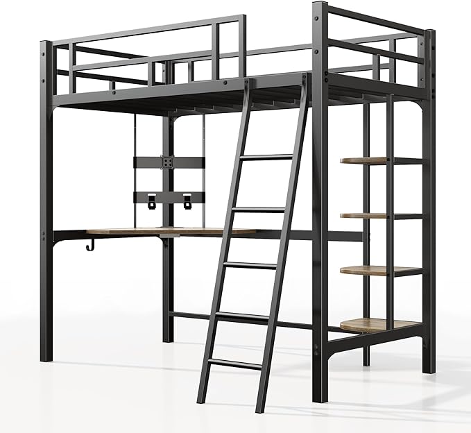Loft Bed Twin Size, Bunk Bed with Desk, Shelves and Monitor Stand, Heavy Duty Metal Twin Loft Bed with Charging Station, Safety Guard & Ladder, Space-Saving, No Box Spring Needed