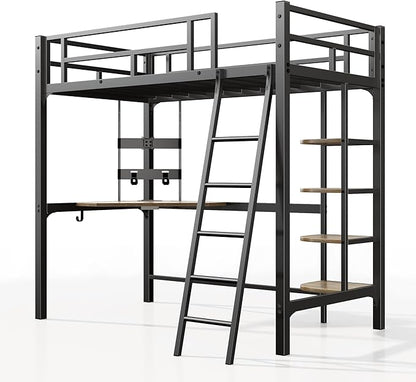 Loft Bed Twin Size, Bunk Bed with Desk, Shelves and Monitor Stand, Heavy Duty Metal Twin Loft Bed with Charging Station, Safety Guard & Ladder, Space-Saving, No Box Spring Needed