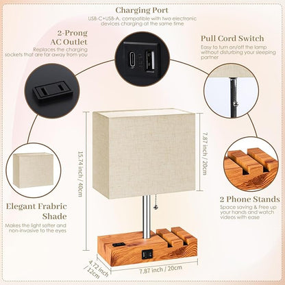 Smart RGB Dimmable Table Lamp Work with Alexa&APP&Remote Control, Bedside Desk Lamp with Charging Ports&Outlet&Phone Stand, Music Sync Nightstand Lamp for Bedroom Living Room Office Dorm, Wooden Base