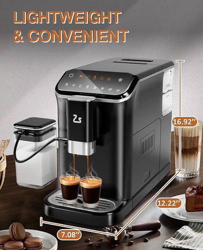 Fully Automatic Espresso Machine, Espresso & Coffee Machine with Automatic Milk Frother, Built-In & Adjustable Espresso Bean Grinder, Touch Screen Coffee Machine with 1.5 L Water Tank