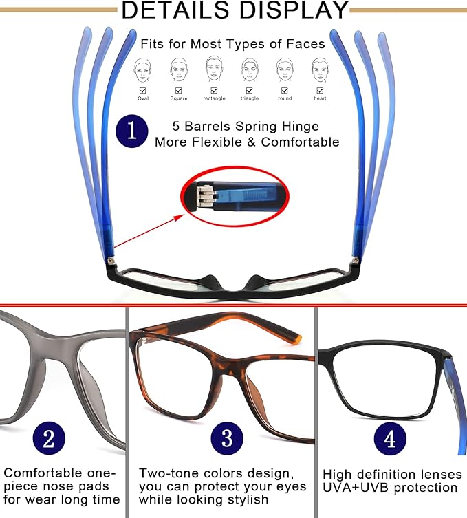 Blue Light Blocking Reading Glasses for Men 4-Pack Stylish Computer Readers with Spring Hinges,Anti Glare/Eye Strain Filter UV Ray Lightweight Reader Eyeglasses,+2.75 Magnification Strength