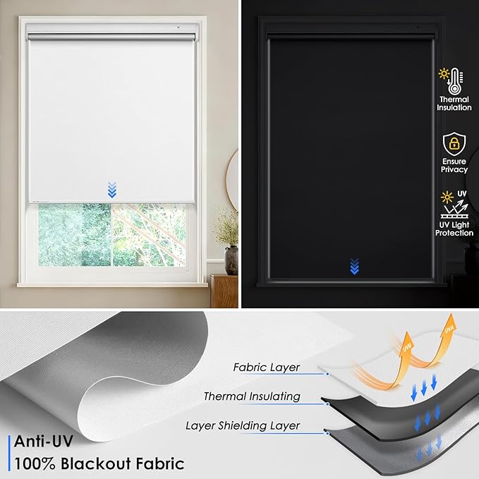 Motorized Blackout Smart Roller Blinds with Remote Control & Solar Panel - Automatic Electric Shades for Windows, Compatible with Alexa - White,28" W*72" H