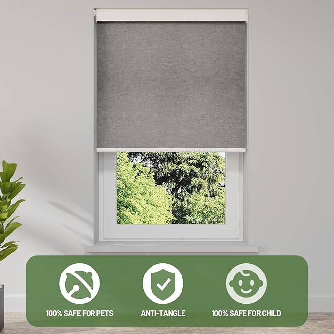 Motorized Blinds with Remote, Blackout No Drill Cordless Smart Roller Shades, Automatic Blinds for Windows, Grey,46" W x 72" H