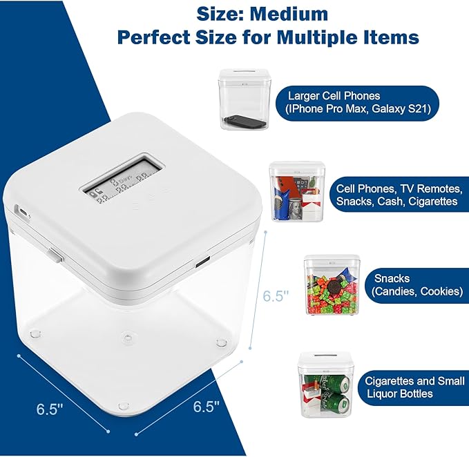 Timed Lock Box, Phone Lock Box with Timer, Rechargeable Time Locking Container, 6.5''x 6.5''x6.5'', Timed Lock Safe for Cell Phones, Snacks and Other Tempting Items