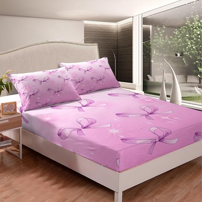Cute Bowknots Fitted Sheet,Full Size Princess Bow-tie Kawaii Purple Starry Glitter Collections,Girlish Bow Fairy Tale Theme Bedding Deep Pocket for Children Teens Young with 2 Pillowcases