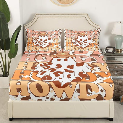 Western Ghost Fitted Sheet Set with 2 Pillowcase,Tribal Cowboy Hat Halloween Cute Ghost Microfiber Mattress Cover,Brown Cowhide Rustic Cow Fur Print Bed Cover Queen Size
