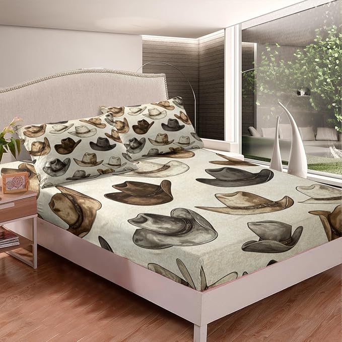 Cowboy Hats Fitted Sheet,Rustic Farmhouse Tribal Cowboy Sheet Set (No Flat Sheet) for Teens,Vintage Western Style Brown Beige Green Bedding Set with 2 Pillowcases,Queen Size