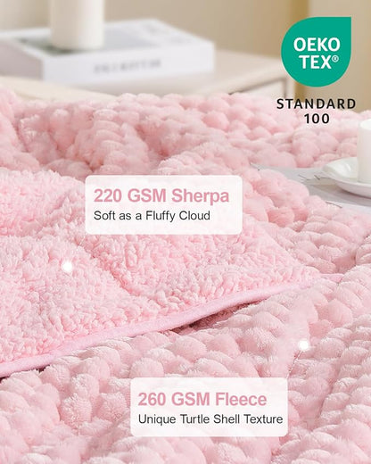 Super Soft Luxury Fleece Sherpa Weighted Blanket 15lbs for Adults, Turtle Shell Fluffy Cozy Warm Queen Weighted Throw for Winter, Ceramic Beads Washable Heavy Blankets for Couch Bed, Pink, 60" x 80"