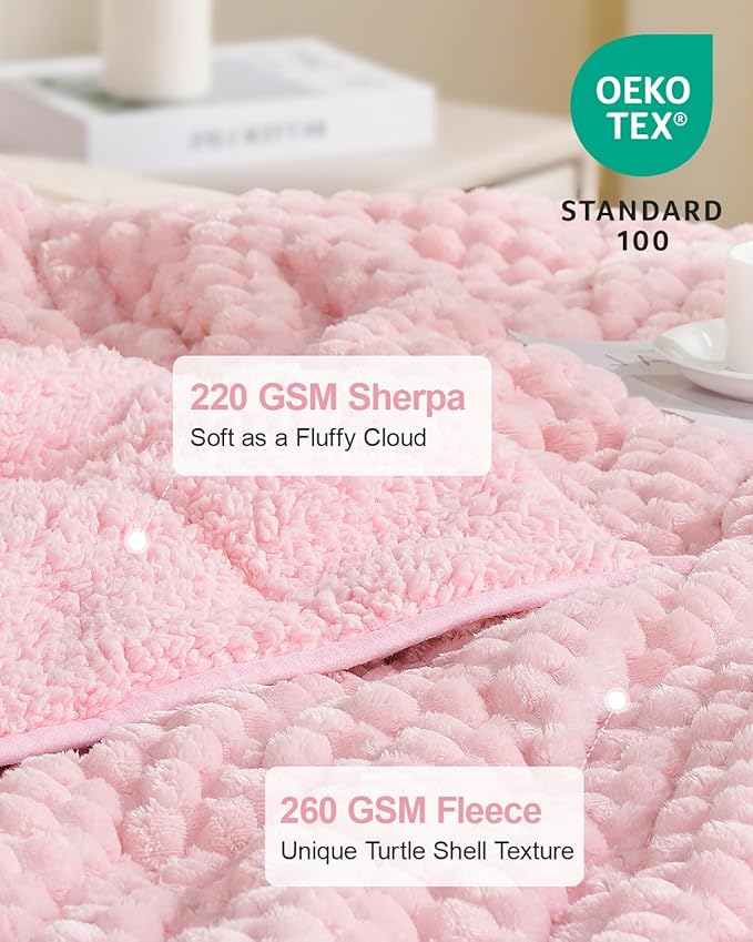 Super Soft Luxury Fleece Sherpa 20 lbs Weighted Blanket for Adults, Turtle Shell Fluffy Cozy Warm Queen Weighted Throw for Winter, Ceramic Beads Washable Heavy Blankets for Couch Bed, Pink, 60" x 80"
