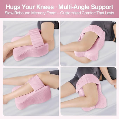 Knee Pillow for Side Sleepers, Memory Foam Leg Pillow Between Knees, Relieves Back, Hip & Knee Pain While Aligning Spine, Adjustable Strap, 14 Inch (Pink)