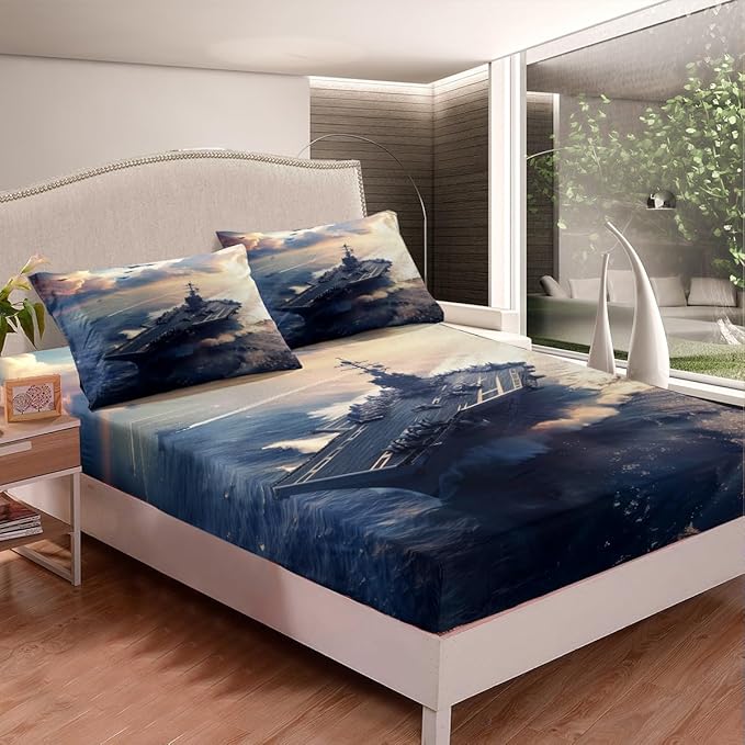 Warship Kids Fitted Sheet Full Size,Warplane Aviation Aircraft Sea Surface Bedding Set,Boys Men Room Decor,Modern Fashion Bed Cover,Navy Blue White Bed Sheet,2 Pillowcases