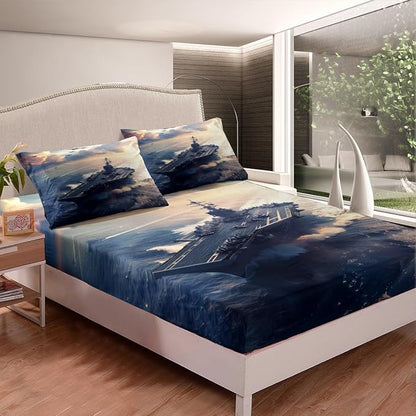 Warship Kids Fitted Sheet Twin Size,Warplane Aviation Aircraft Sea Surface Bedding Set,Boys Men Room Decor,Modern Fashion Bed Cover,Navy Blue White Bed Sheet,1 Pillowcase