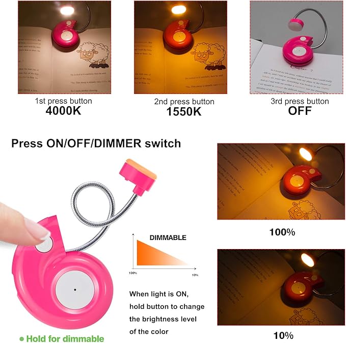 Kids Rechargeable Book Light, Clip on Reading Light for Kid, Kids Reading Lights, Amber Book Light for Reading in Bed, 2 Lighting Modes,Blue Light Blocking, Bookmark Light for Bookworms-Magenta