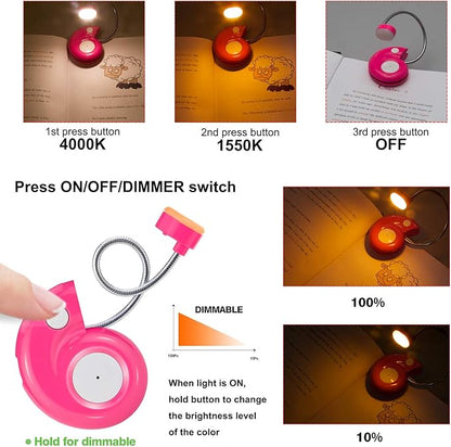 Kids Rechargeable Book Light, Clip on Reading Light for Kid, Kids Reading Lights, Amber Book Light for Reading in Bed, 2 Lighting Modes,Blue Light Blocking, Bookmark Light for Bookworms-Magenta