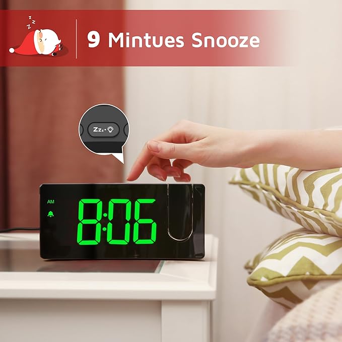 GOLOZA Projection Alarm Clock, Digital Clock with 180° Rotatable Projector, 3-Level Brightness Dimmer, Clear LED Display, Progressive Volume, 9mins Snooze, Digital Alarm Clock for Bedroom