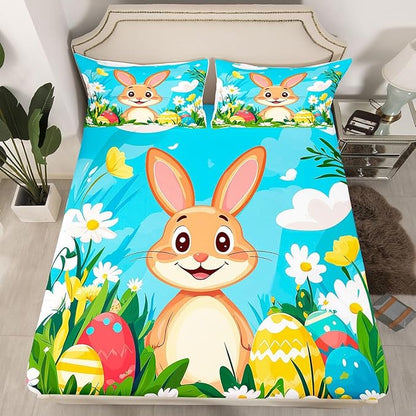 Happy Easter Bed Sheet Twin Size Cartoon Rabbit Spring Flowers Bedding Set Easter Egg Kawaii Animal Fitted Sheet Kids Boys Girls Room Decor Blue Colorful Soft Sheets with 1 Pillowcase,No Top Flat