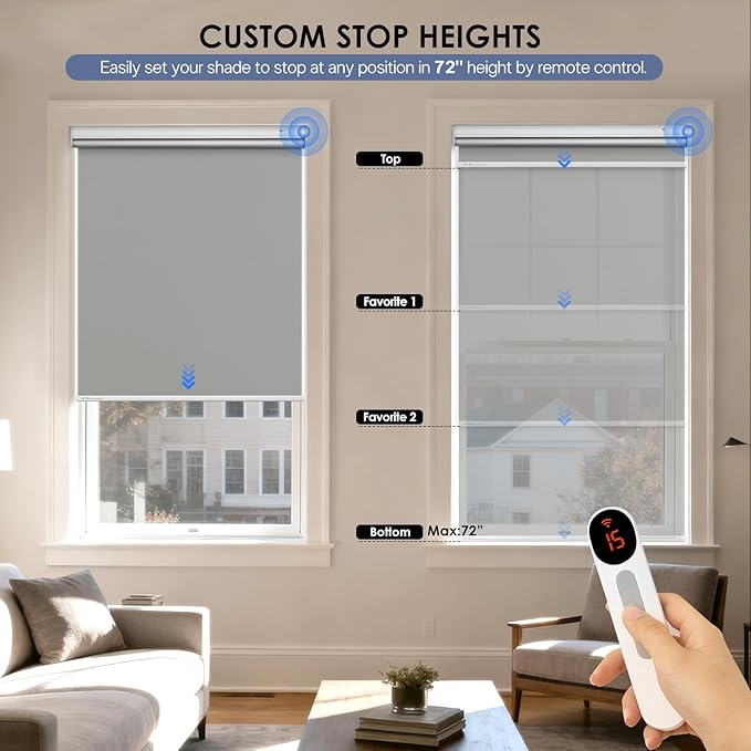 Motorized Roller Blinds with Remote Control & Solar Panel - 100% Blackout Smart Blinds, Automatic, Cordless, Electric Shades - Compatible with Alexa - Grey, 46" W x 72" H