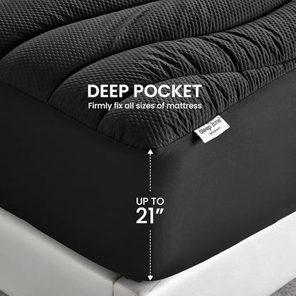 SLEEP ZONE Cooling Twin Mattress Topper for Single Bed, Premium Zoned Cool Mattress Pad Cover, Padded Mattress Protector Breathable Washable, Deep Pocket 8-21" (Black, Twin)