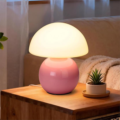 Small Mushroom Lamp,USB-Plug in Bedside Table Lamps with 3-Temperature LED Bulb Dimmable,Unique Cute Aesthetic Home Decor for Living Room,Bedroom, Modern Ceramic Base Glass Lamp(Pink)