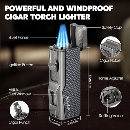 Scotte Cigar Humidor Box, Cigar Lighter Cedar Wood Lined Leather Cigar Case Built in Hygrometer & Humidifier, Torch Lighter with Cigar Holder Cigar Punch Portable Travel Cigar Humidor Kit (Grey)