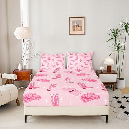 Cowgirl Pink Bed Sheet Set 3 Pieces,Western Cowgirl Boots Hats Tribal Microfiber Bedding Set Without Flat,Cartoon Lightning Pink Cowhide Starry Fitted Sheet,2 Pillow Cases,Full Size
