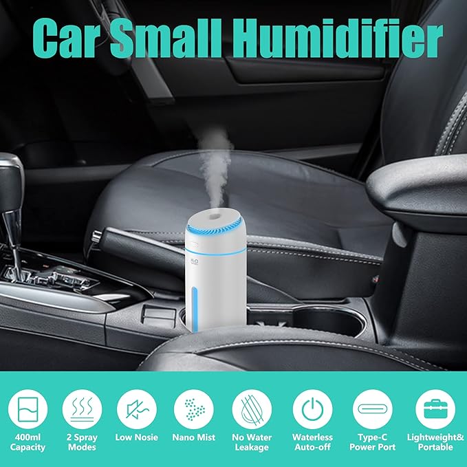 Small Humidifiers for Bedroom Nightstand Room 400ML USB Humidifer Plant Cool Mist Humidifier Easy Clean Travel Mini Portable Personal Desk Car Quiet Auto Shut-off Air Humidifier with Led Lights