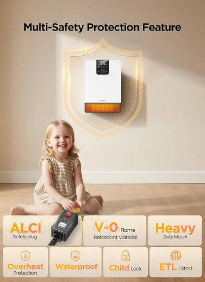 GiveBest Smart Wall Heater, 1500W Fast Heating Electric Space Heater for Indoor Use, 3 Heating Modes, Adjustable Thermostat, 24H Timer, Easy Mounted for Bedroom, Office, Home, White