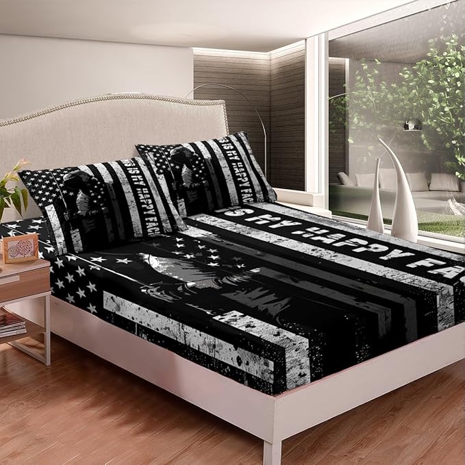 Manfei Fencing Fitted Sheet Full Size, Sword Fighting Sports Theme Bedding Set 3pcs, American Flag Fencer Bed Cover with 2 Pillowcases, Kids Boys Teens Room Decor, Soft Bedding(No Top Sheet)