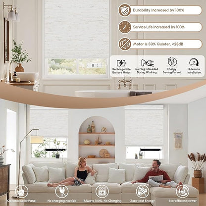 Kincmo No Drill Motorized Blinds with Remote, 100% Blackout Roller Shades for Windows, Custom Electric Blinds Compatible with Alexa, Apple Homekit, Google Home (100% Blackout Linen White)