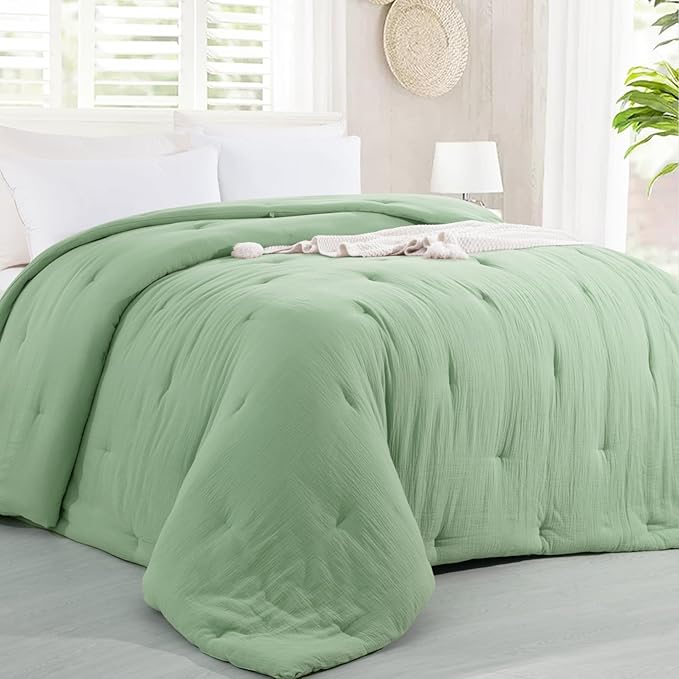 HOMBYS 100% Cotton Muslin Comforter Oversized King 120x120, Lightweight and Breathable Down Alternative Comforter,Soft Gauze Summer Sage Green Reversible Fluffy Duvet Insert