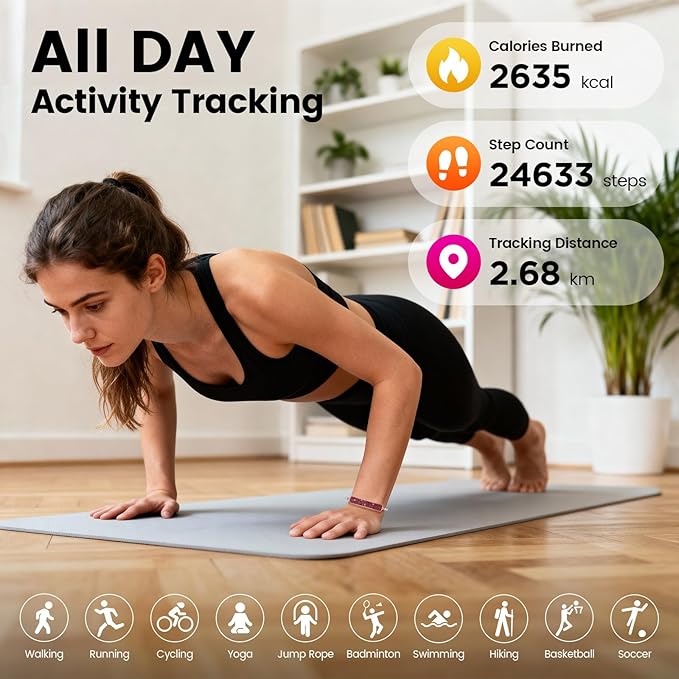 Fitness Tracker with Sleep Tracking, 24/7 Activity Tracker, Step Tracker, Heart Rate, Blood Oxygen, Stress Management, 5ATM Waterproof, No Subscription Fee for iOS & Android