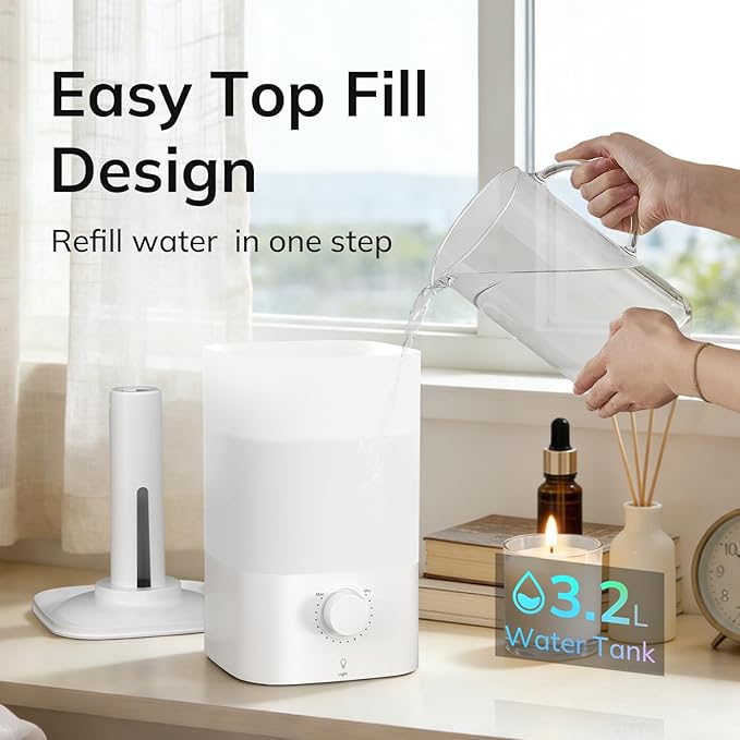 ZAFRO 3.2L Cool Mist Humidifier for Bedroom, 360° Adjustable Nozzle & 7 Color LED Night Light, Top Fill Design & Multiple Mist Levels, 24 dB Quiet Ultrasonic Comfort Humidifiers, White