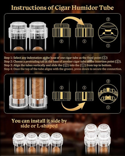 Cigar Tubes, Travel Cigar Humidor with Humidifier, Portable Detachable Storage Tube with Cigar Holder, Ring Guage 57, Airtight Case,4-Piece Gift Set for Men