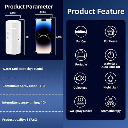 100ML Car Essential Oil Diffuser, Rechargeable Battery Powered, Cordless Portable Humidifier with 7 LED Color Changing Lights for Travel (White)