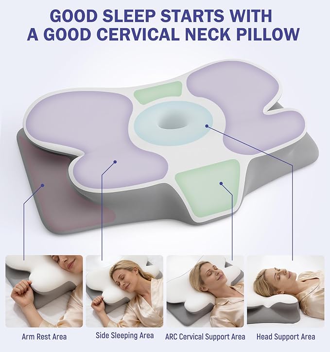 Cooling Cervical Pillow for Neck and Shoulder Pain Relief, Ergonomic Contour Memory Foam Neck Pillow, 2-in-1 Dual Height Orthopedic Bed Pillows for Side Back Stomach Sleepers, Washable Cover