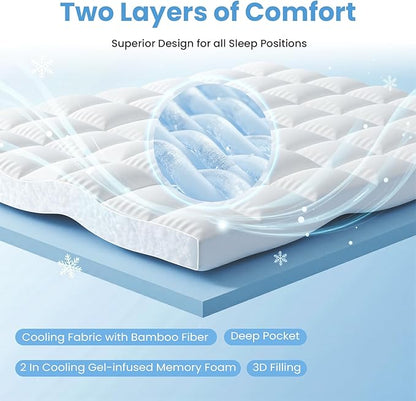 DUMOS Dual Layer Mattress Topper Twin Size, 2 Inch Gel Memory Foam + 1 Inch Soft Pillow Top Mattress Pad Cover for Back Pain, Breathable & Cooling Pad with Elastic Deep Pocket